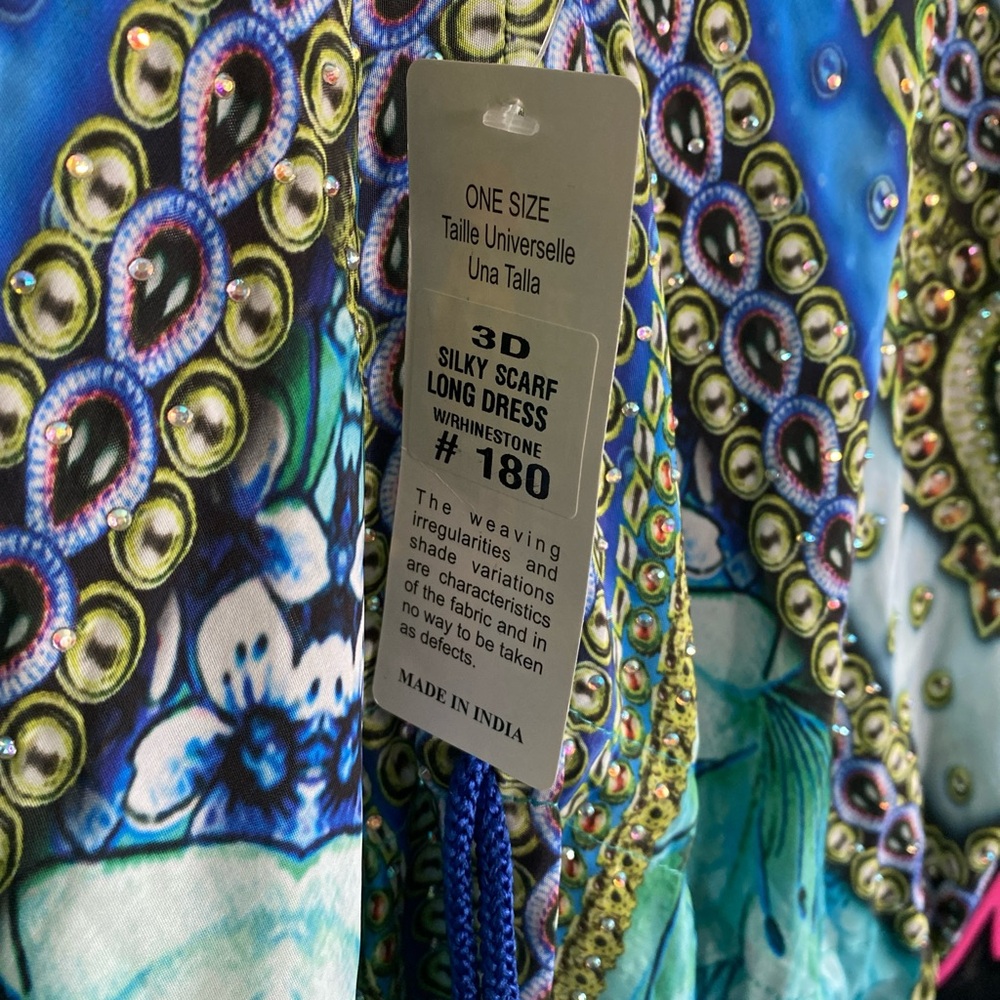 Blue and green silky halter maxi dress with rhinestone details one size NWT - Picture 2 of 3